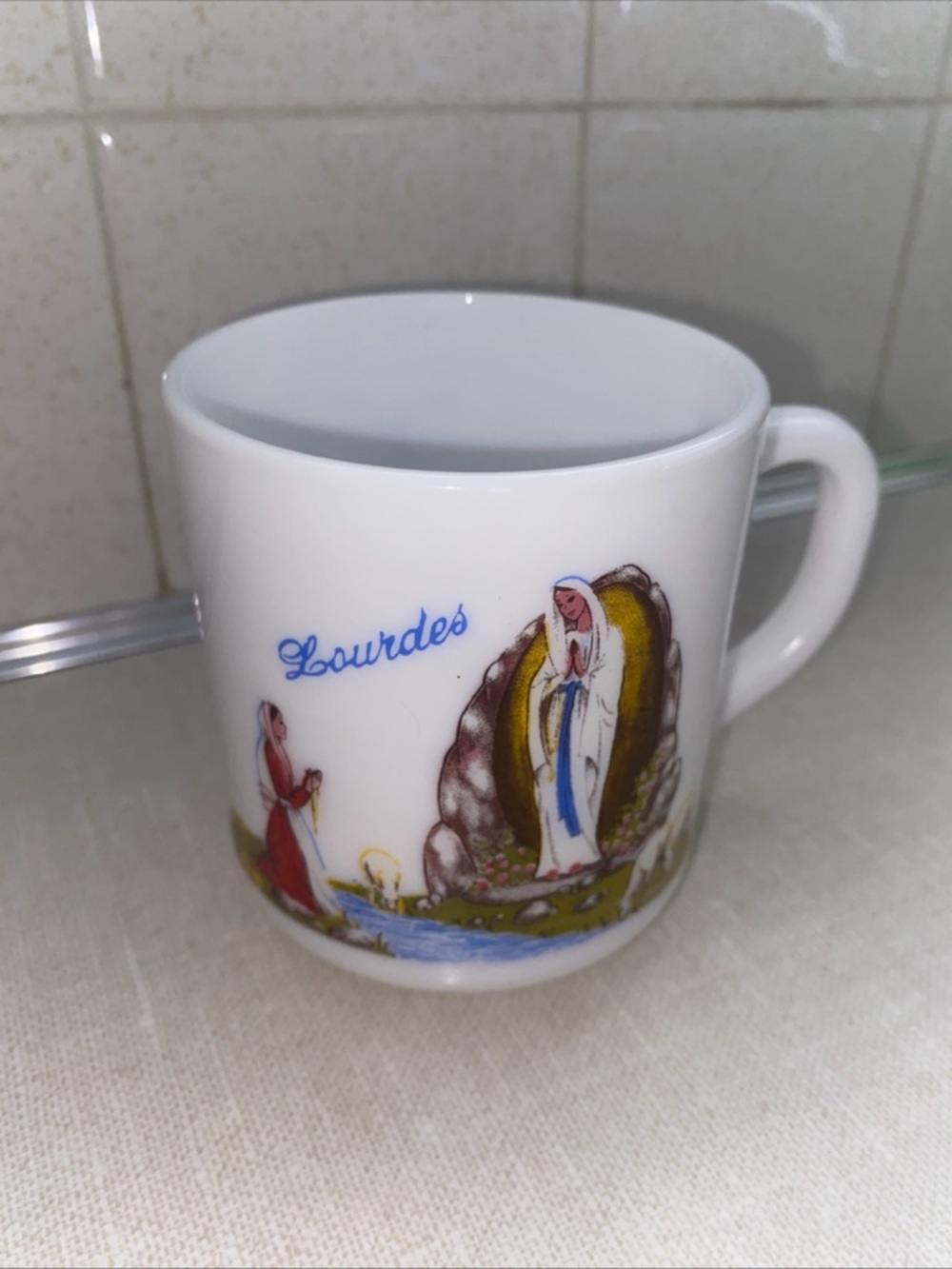Vintage Lourdes Arcopal  France Religious Coffee Mug